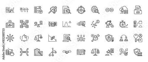 Data science and artificial intelligence line icon set. Vector pictograms of machine learning, algorithms, and analytics, thin linear illustration.