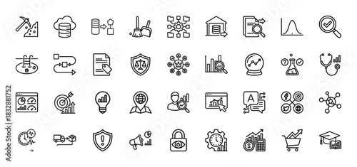 Data analytics and business intelligence line icon set. Vector pictograms of mining, security, marketing, and finance concepts, thin linear illustration.