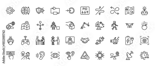 Automation and robotics line icon set. Vector pictograms of machine learning, control system, drone, and mechanical arm, thin linear illustration.