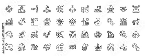 Internet of things and industry 4.0 line icon set. Vector pictograms of smart home, factory, drone, energy, and transportation, thin linear illustration.