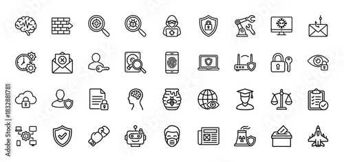 Cybersecurity line icon set. Vector pictograms of brain, shield, firewall, bug, data, and security, thin linear illustration.