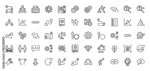 Business and strategy outline icon set. Vector pictograms of decision making, goal setting, analysis, collaboration, and gears, thin linear illustration.