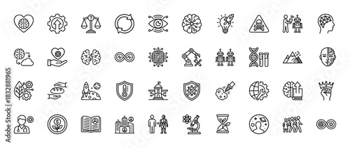 Future technology and transhumanism line icon set. Vector pictograms of ai, cyborg, robotics, biohacking, neural network, dna, smart city, thin linear illustration.