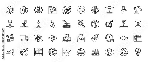 Manufacturing and industry 4.0 line icon set. Vector pictograms of 3d printing, robotics, assembly, and quality control, thin linear illustration.