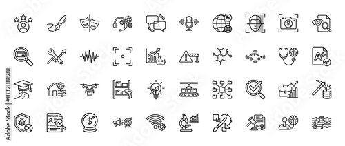 Business and technology line icon set. Vector pictograms of ai, education, finance, logistics, and data, thin linear illustration.