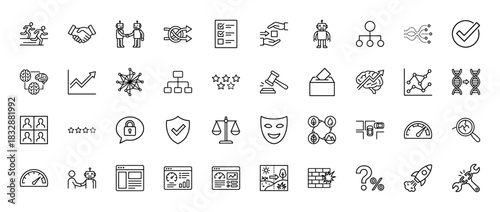 Artificial intelligence and business icon set. Vector pictograms of decision making, robotics, data analysis, and security, thin line illustration.