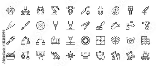 Industrial automation line icon set. vector pictograms of robotic arm, welding torch, drill bit, and assembly process, thin linear illustration.