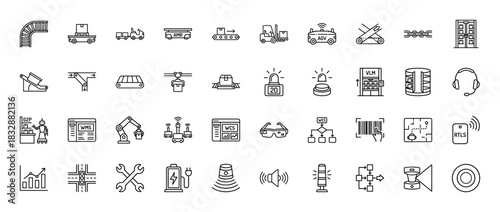 Logistics and warehouse automation line icon set. Vector pictograms of conveyor belt, forklift, rfid, and agv, thin linear illustration.