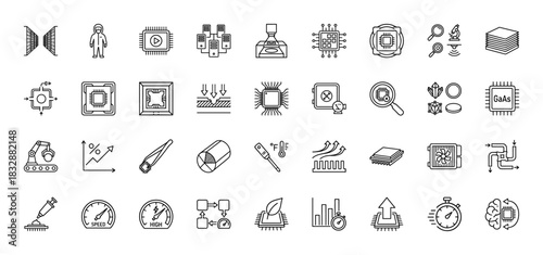 Semiconductor manufacturing line icon set. Vector pictograms of microchips, wafer processing, cleanroom, and quality control, thin linear illustration.