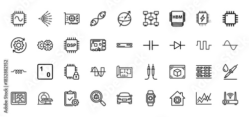 Electronics and engineering line icon set. Vector pictograms of microchips, circuits, sensors, and components, thin linear illustration.