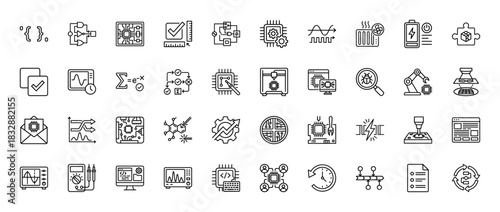 Electronics and engineering line icon set. Vector pictograms of microprocessor, circuit board, oscilloscope, and coding, thin linear illustration.