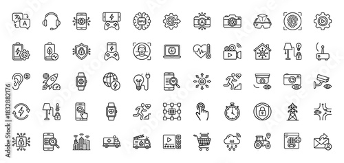 Technology and smart life line icon set. Vector pictograms of smartphone, security, camera, gaming, and communication, thin linear illustration.