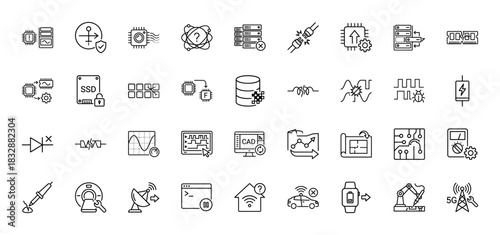 Electronics and engineering line icon set. vector pictograms of microchip, server, ssd, diode, antenna, and pcb board, thin linear illustration.