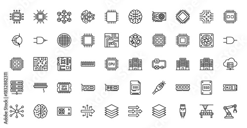 Technology and computer hardware line icon set. Vector pictograms of cpu, ram, ssd, circuits, servers, and microchips, thin linear illustration.