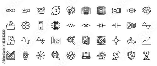 Electronics and technology line icon set. Vector pictograms of microchips, servers, circuits, and waveforms, thin linear illustration.