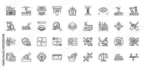 Industrial quality control and production process line icon set. Vector pictograms of manufacturing, inspection, and testing, thin linear illustration.