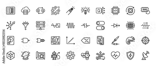 Technology and engineering line icon set. Vector pictograms of microchip, server, data, signals, robotics, and diagnostics, thin linear illustration.