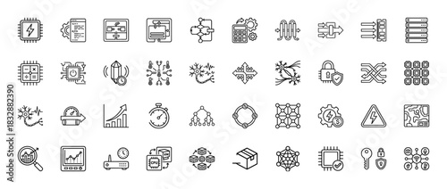 Technology and data line icon set. Vector pictograms of microchips, networks, servers, algorithms, and security, thin linear illustration.
