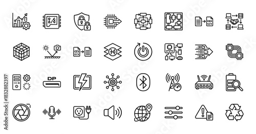 Technology and data line icon set. Vector pictograms of settings, computing, networking, and security, thin linear illustration.