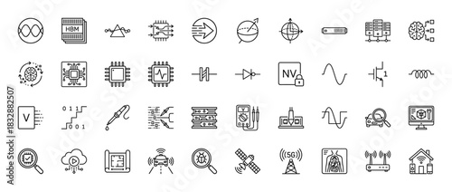 Technology and engineering line icon set. Vector pictograms of high bandwidth memory, diode, transistor, signal, and satellite, thin linear illustration.