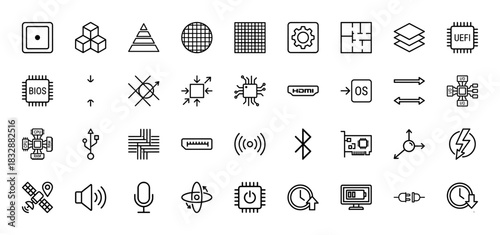 Technology and hardware line icon set. vector pictograms of cpu, ram, bios, and operating system, thin linear illustration.