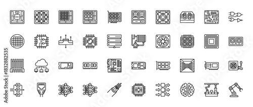Technology and hardware line icon set. Vector pictograms of cpu, circuit board, memory, server, and robotics, thin linear illustration.
