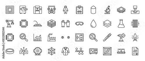 Manufacturing and nanotechnology line icon set. Vector pictograms of 3d printing, robotics, lab equipment, and factory production, thin linear illustration.