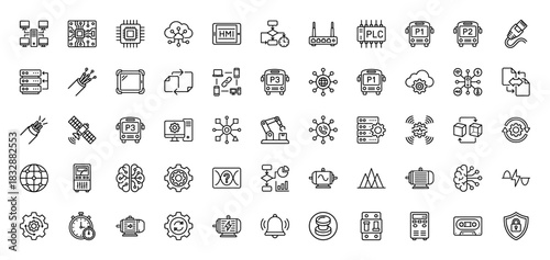 Industrial automation and iot line icon set. vector pictograms of cpu, plc, hmi, cloud, sensors, and network devices, thin linear illustration.