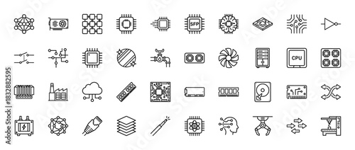 Technology and engineering line icon set. Vector pictograms of neural networks, microchips, data storage, and robotics, thin linear illustration.