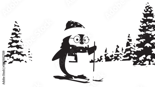 Playful penguin skiing through a snowy forest landscape with tall evergreen trees.