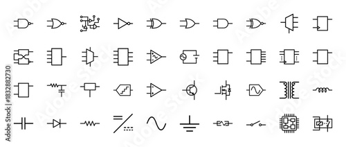 Electronics and digital logic vector line icons set. Vector pictograms of logic gates, flip-flops, transistors, passive components, and integrated circuits, thin linear illustration.