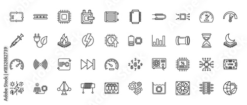 Engineering and technology line icon set. Vector pictograms of microchips, semiconductors, energy, and scientific concepts, thin linear illustration.