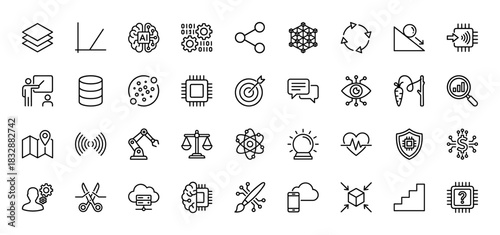 Artificial intelligence and technology line icon set. Vector pictograms of machine learning, data, security, and development concepts, thin linear illustration.