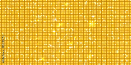 Abstract gold disco mosaic with glitter gradient and mirror shine. Yellow sparkle dance floor or glam shimmer wall background. Vector festive illustration.