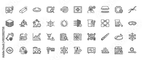 Manufacturing and engineering line icon set. Vector pictograms of quality control, production, and science elements, thin linear illustration.