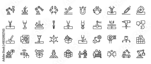 Industrial automation line icon set. Vector pictograms of robotic arms, drilling, welding, machining, and assembly, thin linear illustration.