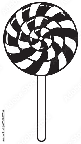Monochrome Swirl Lollipop with Candy Stick, Classic Striped Sweet Treat for Snacking.