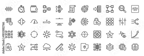 Technology and data line icon set. Vector pictograms of settings, processing, security, and analysis, thin linear illustration.
