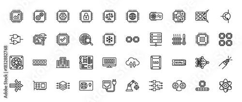 Electronics and technology line icon set. vector pictograms of microchips, server, ssd, and data, thin linear illustration.