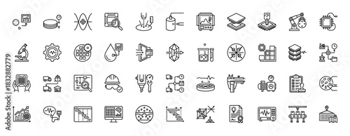 Semiconductor manufacturing and nanotechnology line icon set. Vector pictograms of chip production, quality control, and testing, thin linear illustration.