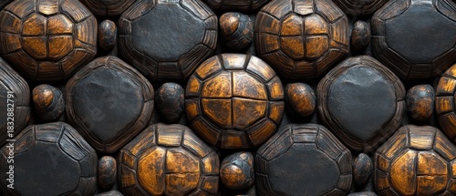 Turtle shell texture with copy space. Close-up turtle pattern. Reptile shell design. Turtle scales. Realistic turtle shell. Turtle design texture. Detailed turtle shell close-up. Wild Animal texture.	