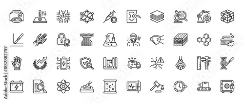 Advanced technology and engineering line icon set. Vector pictograms of batteries, robotics, microscope, data, and laboratory gear, thin linear illustration.