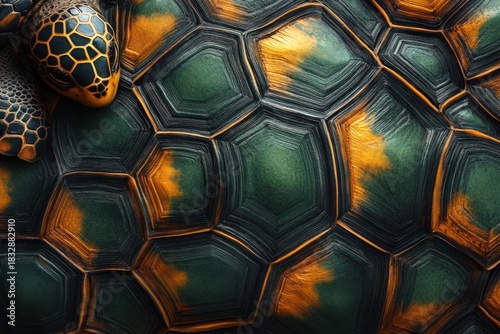 Turtle shell texture with copy space. Close-up turtle pattern. Reptile shell design. Turtle scales. Realistic turtle shell. Turtle design texture. Detailed turtle shell close-up. Wild Animal texture.	