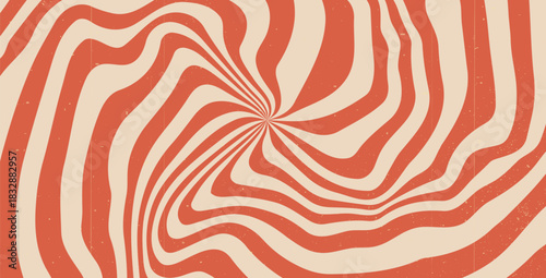 Groovy crazy liquid red starburst background with scratches. Retro hypnosis spiral with sun rays fluid illustration. Vector wavy decoration. Radial stripes vintage backdrop 70s pop art design.