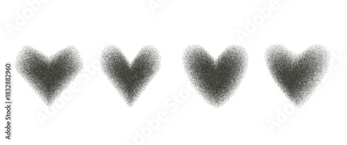 Grain stipple gradient hearts icons. Dots gradation airbrush love symbols spray illustration. Vector black noir aesthetic grainy hearts blur figures with dust texture. Valentine sign on transparent bg