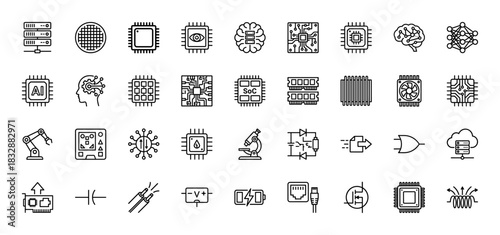 Technology and semiconductor line icon set. Vector pictograms of server, wafer, cpu, circuit board, and memory, thin linear illustration.