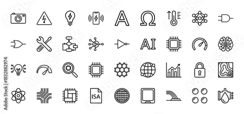 Artificial intelligence and electronics line icon set. Vector pictograms of brain, neural network, chip, logic gates, atom, algorithm, circuit, thin linear illustration.
