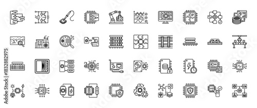 Electronics and manufacturing technology line icon set. Vector pictograms of microprocessor, circuit board, robotic arm, and data security, thin linear illustration.