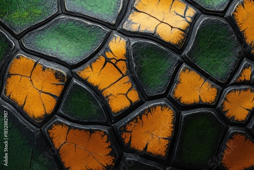 Turtle shell texture with copy space. Close-up turtle pattern. Reptile shell design. Turtle scales. Realistic turtle shell. Turtle design texture. Detailed turtle shell close-up. Wild Animal texture.	