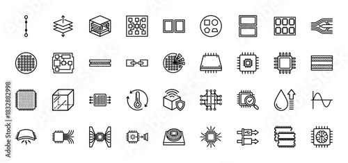 Semiconductor manufacturing and electronics technology line icon set. Vector pictograms of wafer, chip, stack, fabrication, and assembly, thin linear illustration.